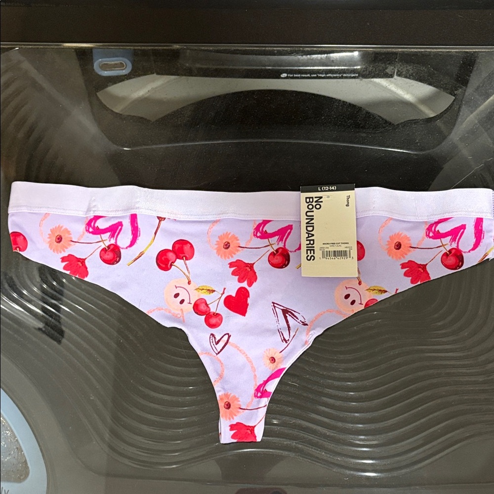 No Boundaries Woman’s Floral Cherry Thong  Underwear - Purple and Pink Sz L